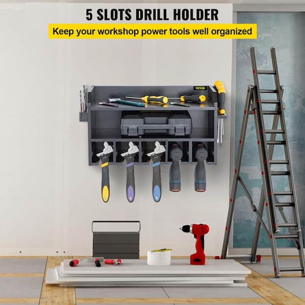 VEVOR Power Tool Organizer, Wall Mounted Drill Holder, 5 Drill Hanging Slots Drill Charging Station, 2-Shelf Cordless Drill Storage, Polished
