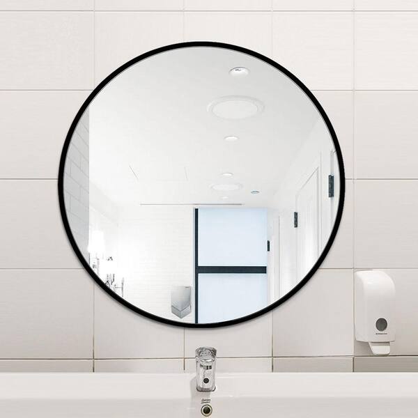 HOMEMYSTIQUE 20 in. W x 20 in. H Large Round Single Simple Aluminum Framed Wall Mounted Bathroom Vanity Mirror in Black