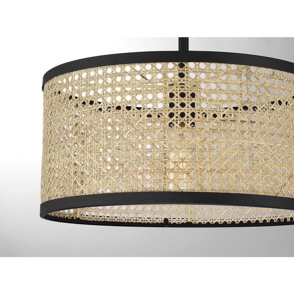 Mid-Century Modern Natural Cane & Matte Black 1-Light Pendant