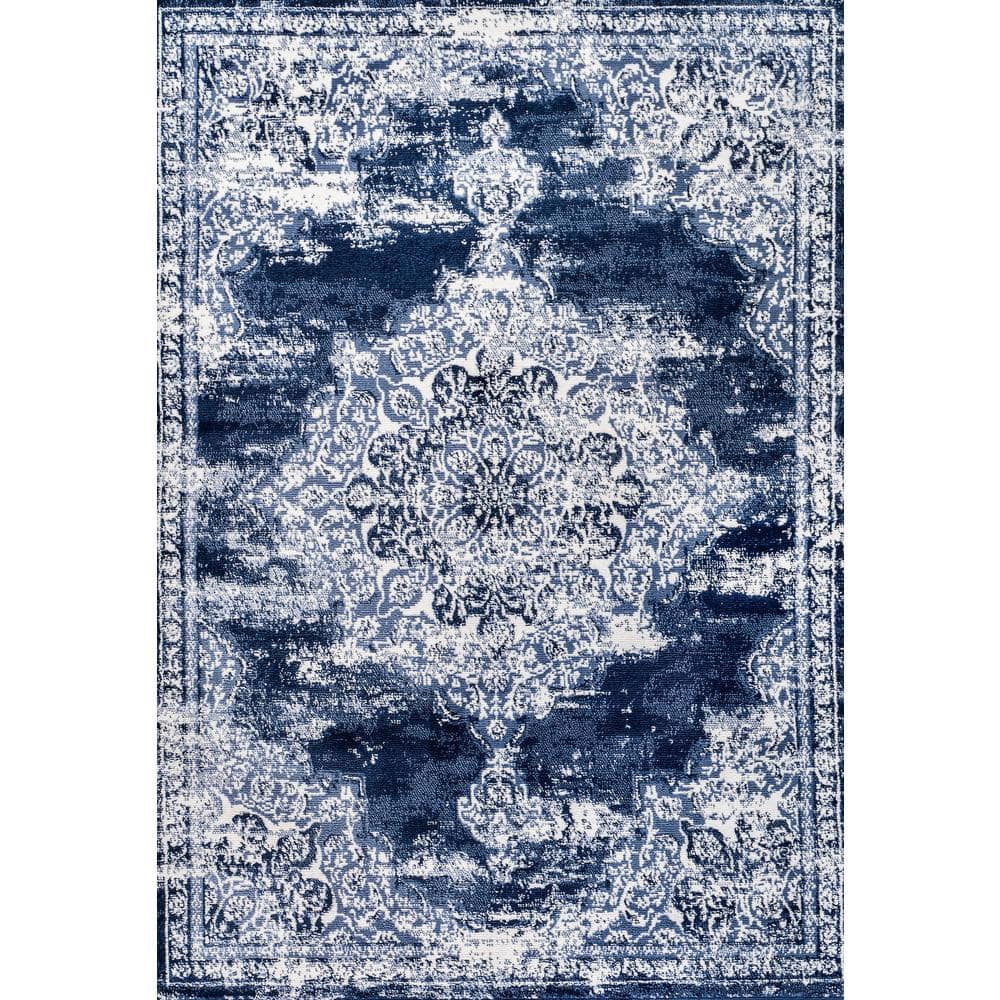 Navy and Ivory Synthetic Medallion 4' x 6' Area Rug