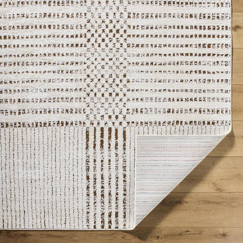 Ivory and Dark Brown Geometric Polyester Area Rug, 6'7" x 9'