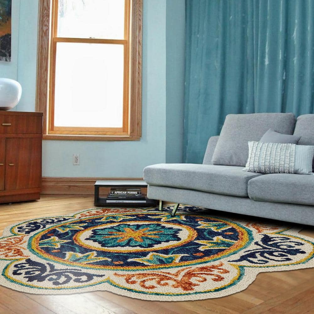 Handmade Tufted Blue Wool Medallion Round Rug, 4 Feet