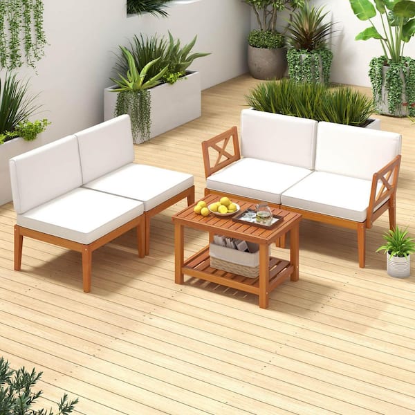 Costway 5-Piece Acacia Wood Outdoor Sectional Set with 2-Tier Coffee Table and White Cushions