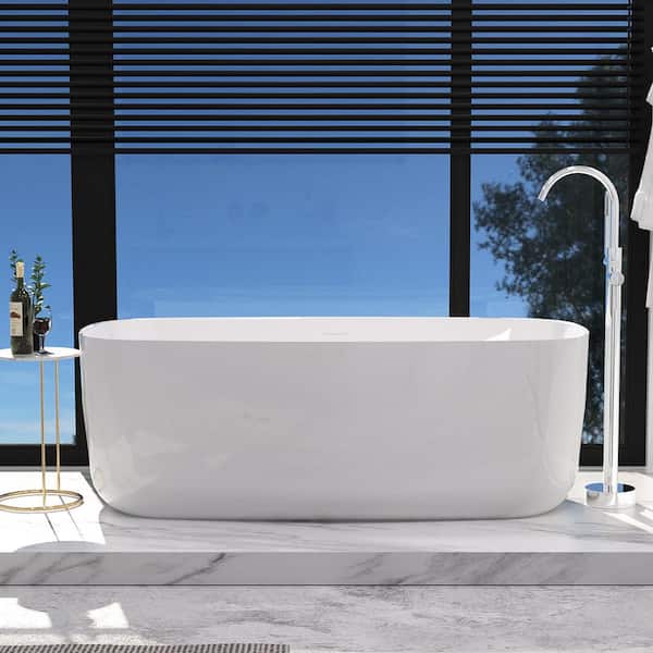 INSTER 59 in. Acrylic Flatbottom Freestanding Non-Whirlpool Soaking Bathtub in White Included Center Drain