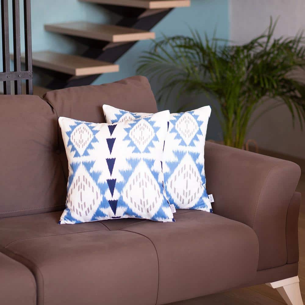 Blue and White Ikat Polyester Square Pillow Covers