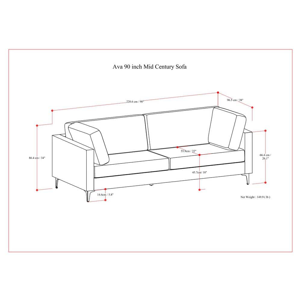 Ava 90-Inch Cream Performance Fabric Sofa with Metal Legs