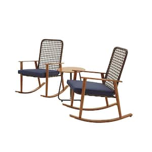 3-Piece Metal Wicker Round Table Outdoor Bistro Rocking Set with Blue Cushions