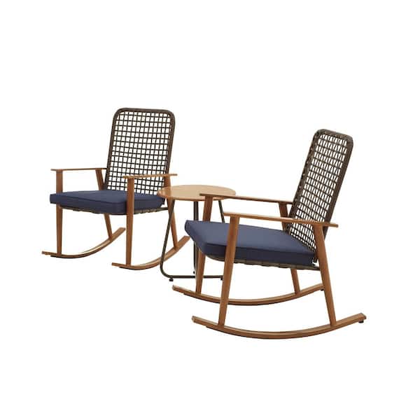 TOP HOME SPACE 3-Piece Metal Wicker Round Table Outdoor Bistro Rocking Set with Blue Cushions