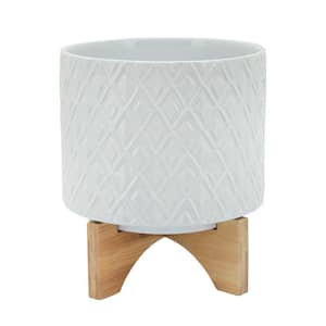 8 in. White Small Ceramic Diamond Pattern and Wooden Stand Planter