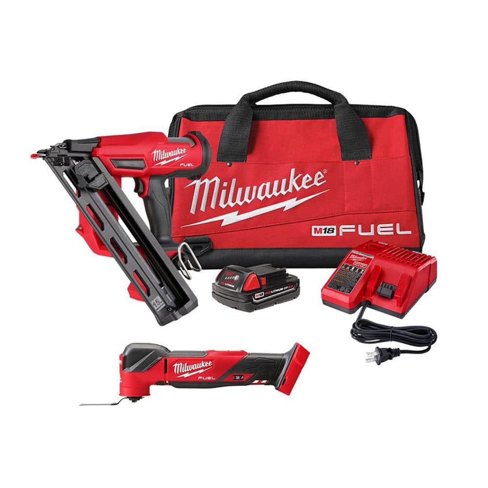 Milwaukee M18 FUEL 18-Volt Lithium-Ion Brushless Cordless Gen II 15-Gauge  Angled Nailer Kit W/FUEL Brushless Multi-Tool 2839-21CT-2836-20 - The Home  Depot