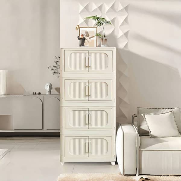 Cream White 41 in. H 4 Tiers Folding Collapsible Storage Cabinet with Magnetic Door, Plastic Storage Cabinet with Wheels