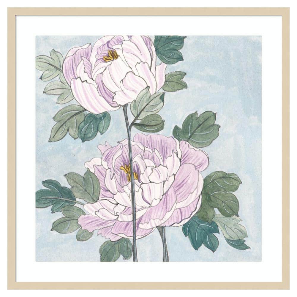 Striped Peonies IV Natural Wood Framed Wall Art Print