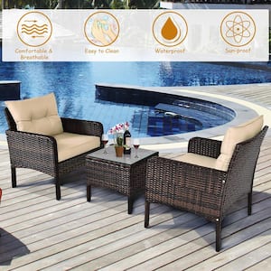 3-Piece Wicker Rattan Outdoor Conversation Set Sofa Chair with Yellow Cushions