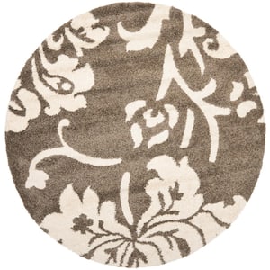 Florida Shag Smoke/Beige 7 ft. x 7 ft. Round Solid Floral Area Rug