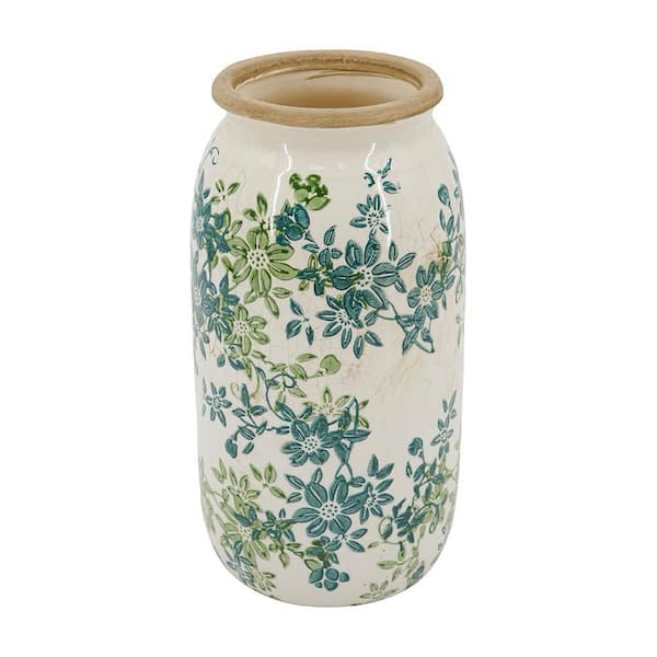 9.8 in. Multi-Colored Ceramic Cylinder Decorative Vase with Blue and Green Floral Design (1-Pack)