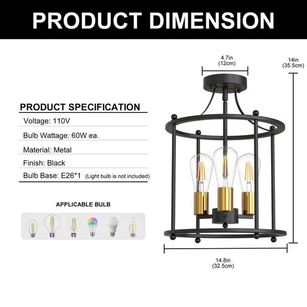 はらみ )LOUIS GARNEAU13.2Ah（5点灯）充電器あり YANSUN 13 in. 3-Light Black and Gold Farmhouse Semi Flush Mount