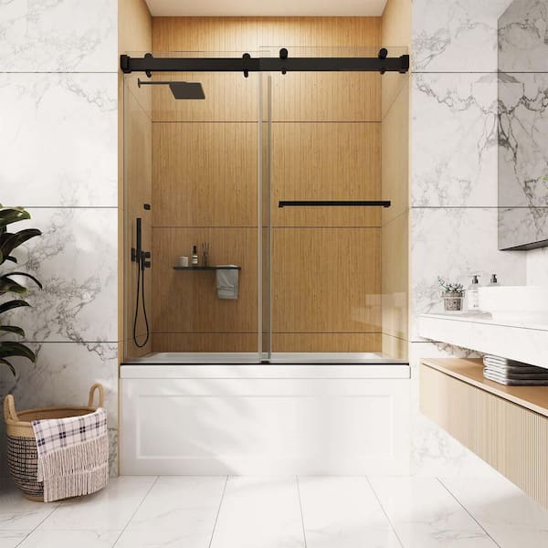 VS Series 60 in. W x 66 in. H Frameless Soft Closing Double Sliding Shower Tub Door in Matte Black with 3/8 Clear Glass