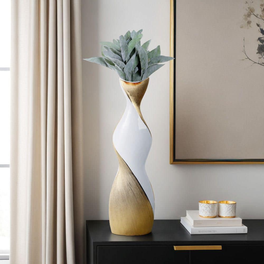 24" Twisted White and Gold Ceramic Vase