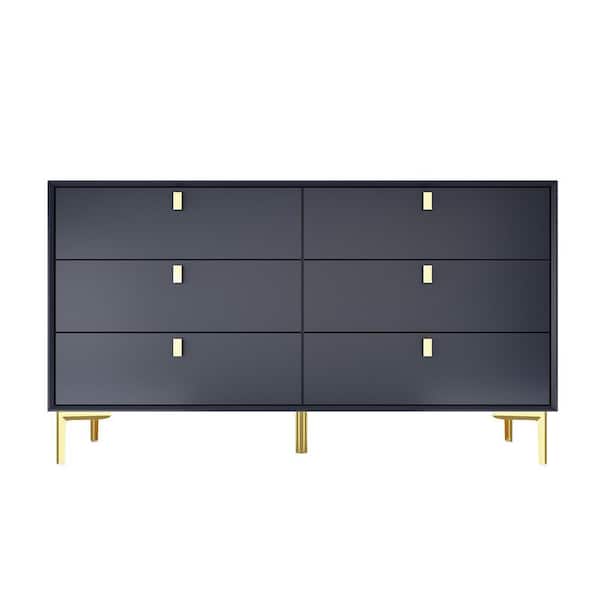 FUFU&GAGA White 6-Drawers 55.1 in. Width Classic Wooden Dresser, Chest of Drawers, Storage Cabinet with Golden Legs and Handles