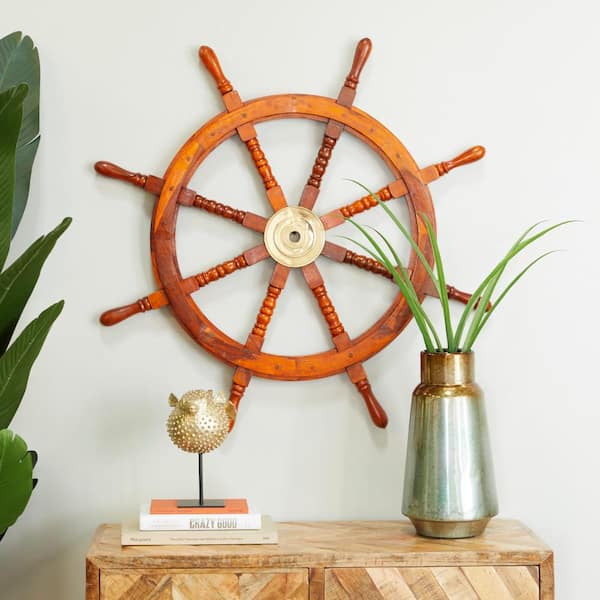 Litton Lane 38 in. x  38 in. Wood Red Ship Wheel Sail Boat Wall Decor with Gold Hardware