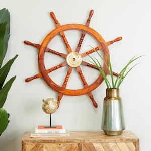 Wood Red Ship Wheel Sail Boat Wall Decor with Gold Hardware