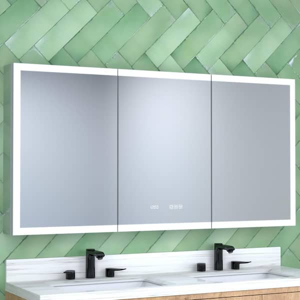 60 in. W x 30 in. H Surface Mount/Rectangular Silver Aluminum Recessed Medicine Cabinet with Mirror LED and Clock