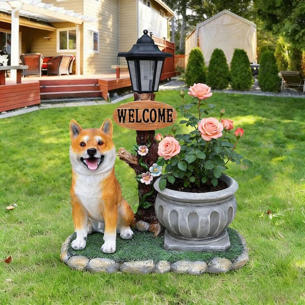 VAMOP Large Brown Resin Sitting Akita Dog Planter Garden Statue