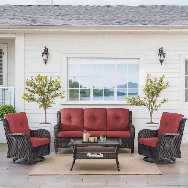 Carlos Brown 4-Piece Wicker Patio Conversation Set with Outdoor Swivel Chairs, CushionGuard Red Cushions