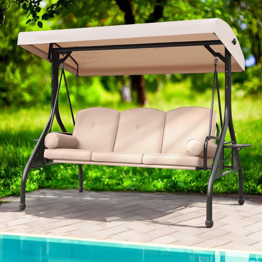 3-Seat Metal Outdoor Patio Swing with Stand, Adjustable Canopy, Foldable Side Trays, Cushions and Pillows, Khaki price history on PriceWatchPro