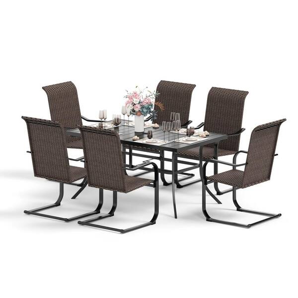 PHI VILLA 7-Piece Patio Outdoor Dining Set with Rectangle Slat Table and C-Spring Rattan Chair