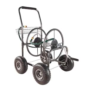 4 Wheels Portable Garden Hose Reel Cart with Storage Basket Rust Resistant Heavy-Duty Water Hose Holder