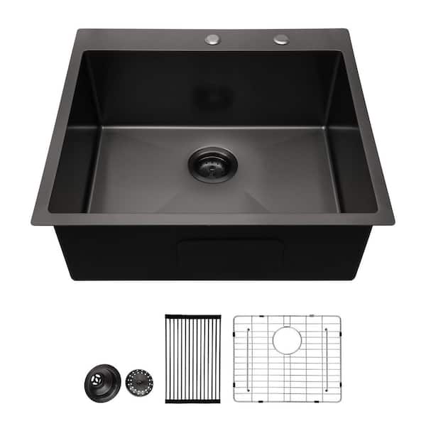 Logmey 25 in. Gunmetal Black Drop in Sink Single Bowl 16-Gauge Stainless Steel Kitchen Sink with Bottom Grid