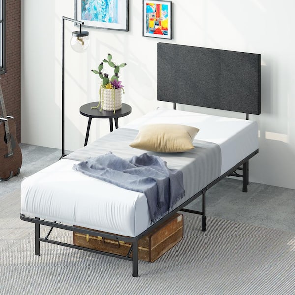 Zinus SmartBase Black Twin Metal Bed Frame With Upholstered Headboard ...