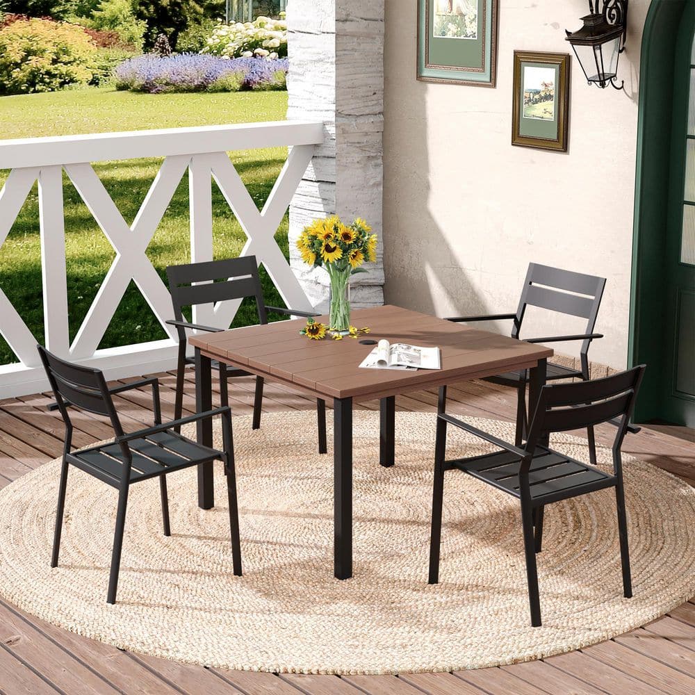 5-Piece Metal Outdoor Patio Dining Set with 40.2 in. Walnut Square Slatted Table and 4 Black Stackable Dining Chairs