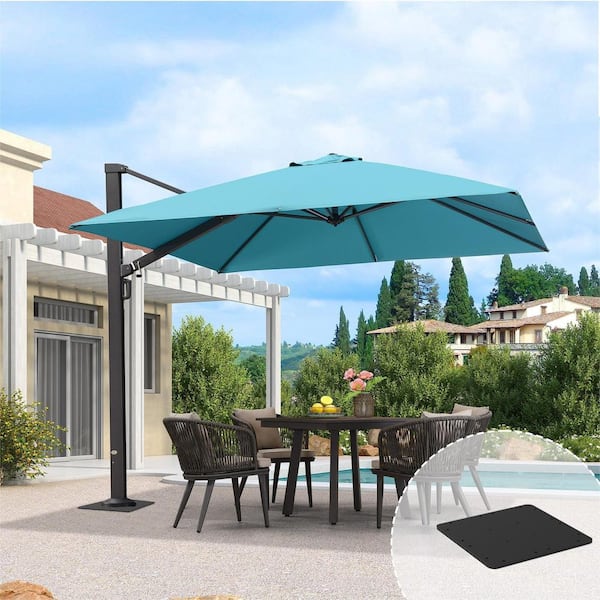 PURPLE LEAF 10 ft. Square Aluminum Large Outdoor Cantilever 360° Rotation Patio Umbrella with Base Plate, Turquoise Blue