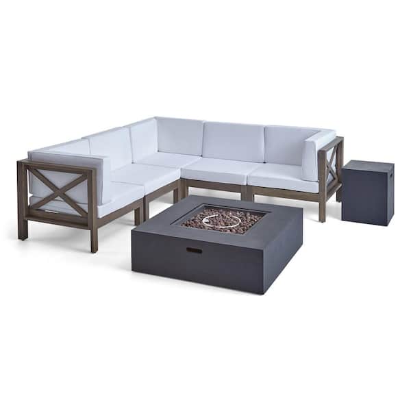 Noble House Brava Grey 7-Piece Wood Patio Fire Pit Sectional Seating Set with White Cushions