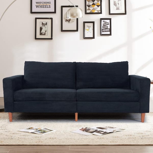 WONDER COMFORT Simple Retro 74 in. Black Comfy Corduroy Fabric Rectangle 2-Seater Loveseat with Solid Wood & 2 Pillows