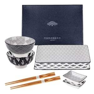 Haruka 8-Piece Sushi Set Gift Box Porcelain Japanese Style Nippon Black (Set of 2)