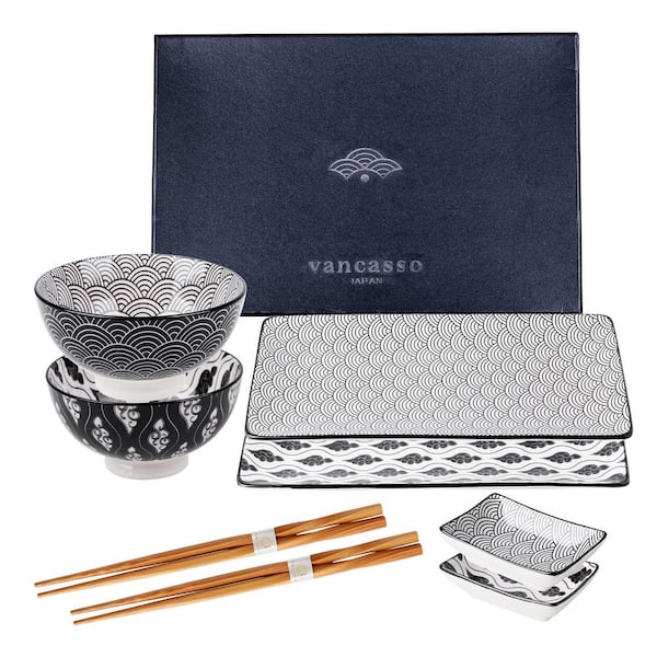 Vancasso Haruka Japanese Style Porcelain Sushi Plate Set with 2*Sushi  Plates,Dipping Dishes,2 Pairs of Bamboo Chopsticks Gift