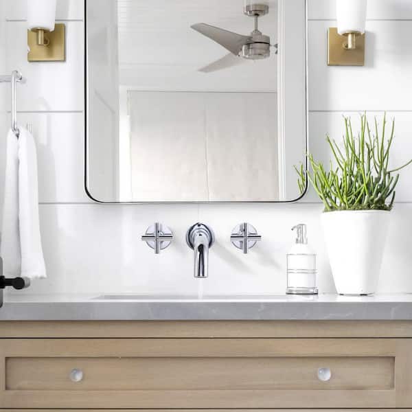 Double Handle Wall Mounted Bathroom Faucet with Brass Rough in Valve and Lever Handle in Polished Chrome
