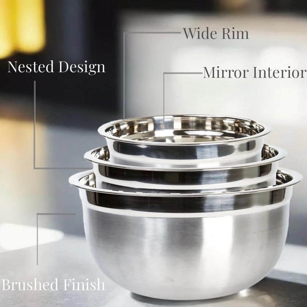 Heavy Duty Brushed Stainless Steel 3-Piece Mixing Bowl Set