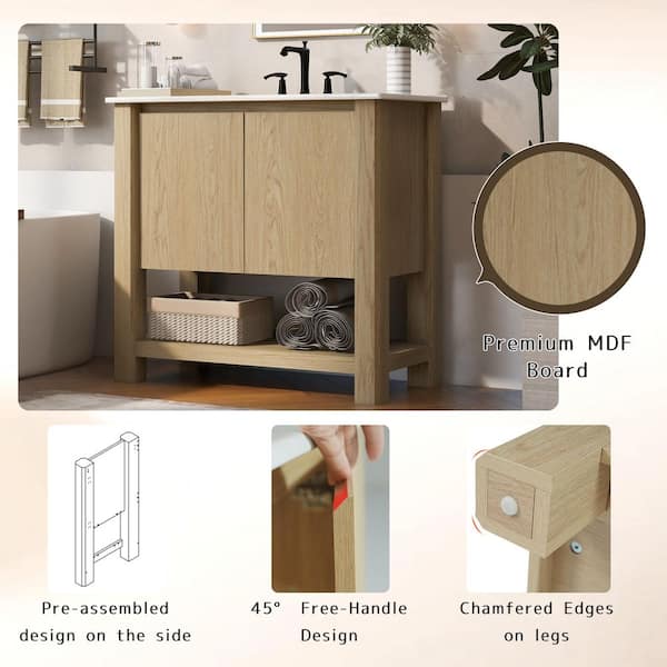 Beaumont 35.5 in. Modern Bathroom Antique Natural Wood Cabinet Bath Vanity with White Ceramic Top Sink, Open Shelf