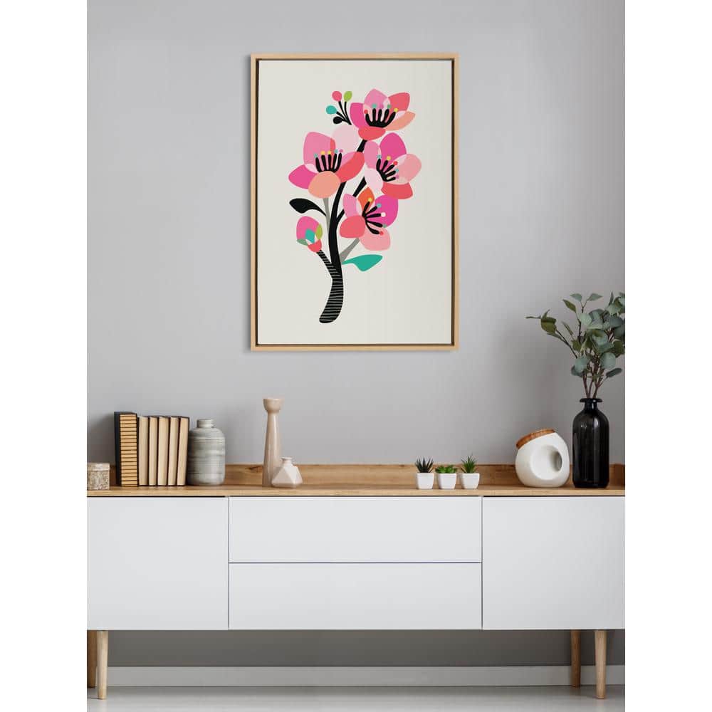 Mid Century Modern Cherry Blossoms Floral Canvas Print in Natural Frame