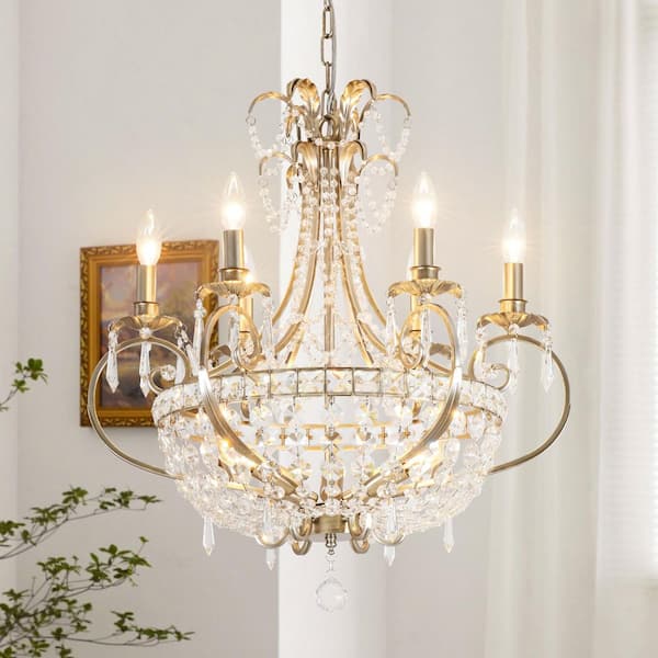 Rynel 24.4 in. 9-Light Brushed Silver Tiered Empire Candle-Style Crystal Chandelier for Living Areas