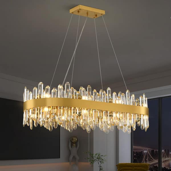 PUYRNF 35.43 in. 16-Light Luxury Chandelier, Gold Modern Oval Crystal Chandelier, Modern 2-Tiers K9 Crystal Chandelier Foyer