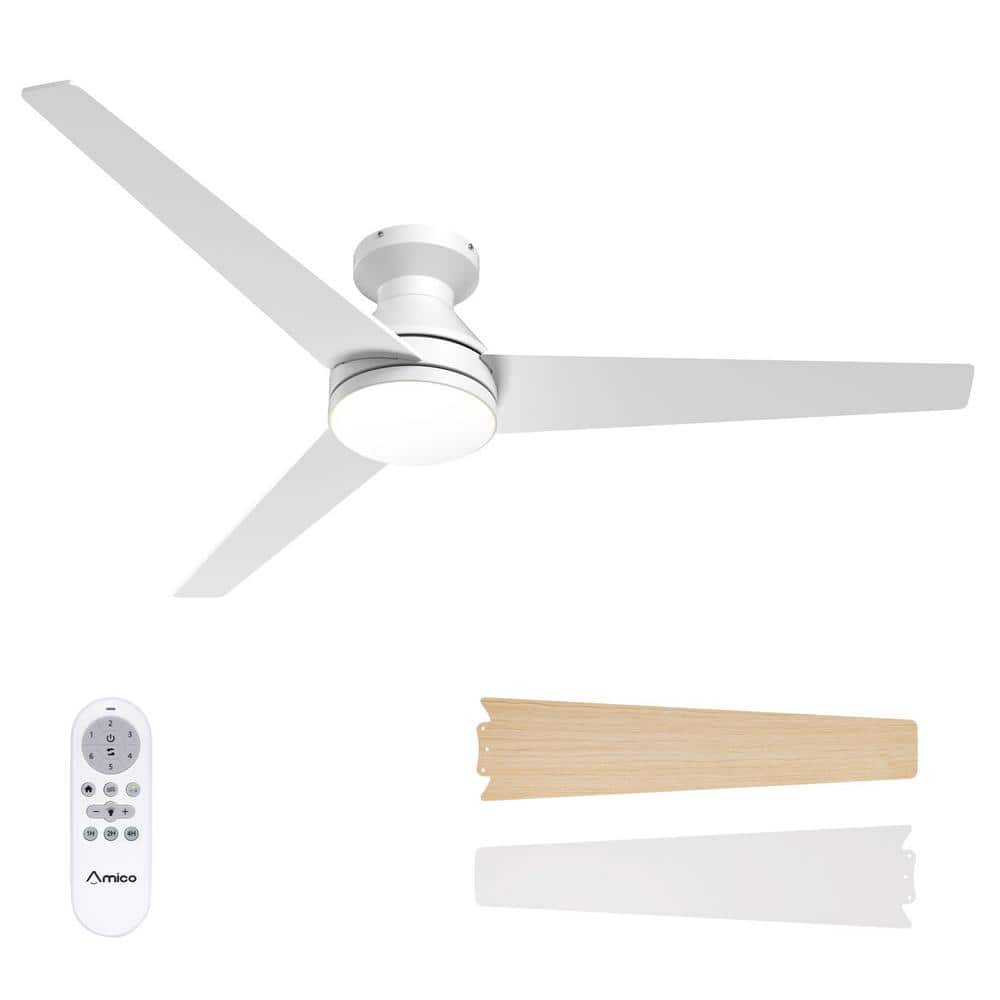 52 in. Smart Indoor White Low Profile Flush Mount, Reversible Ceiling Fan w