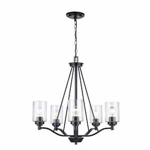 Simi 5-Light Black Modern Kitchen or Dining room Hanging Chandelier with Seeded Glass Shades