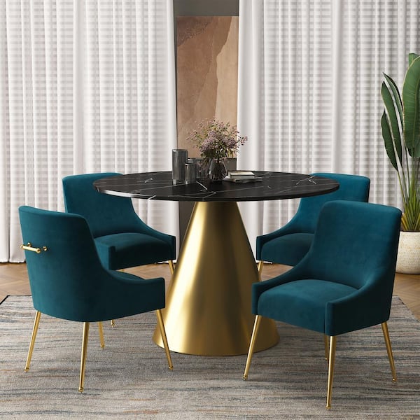 Boyel Living 5-Piece Round Stainless Steel Black and Gold Marble Top Table Set Seats 4 (4 Light Green Dining Chairs）