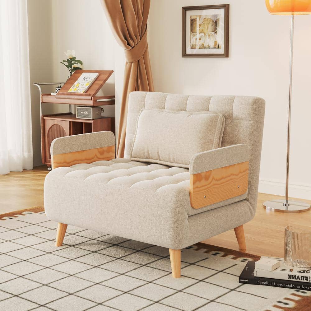 JASIWAY 38.8 in. Beige Folding Linen Sofa Bed J-P2206Y-09-BE