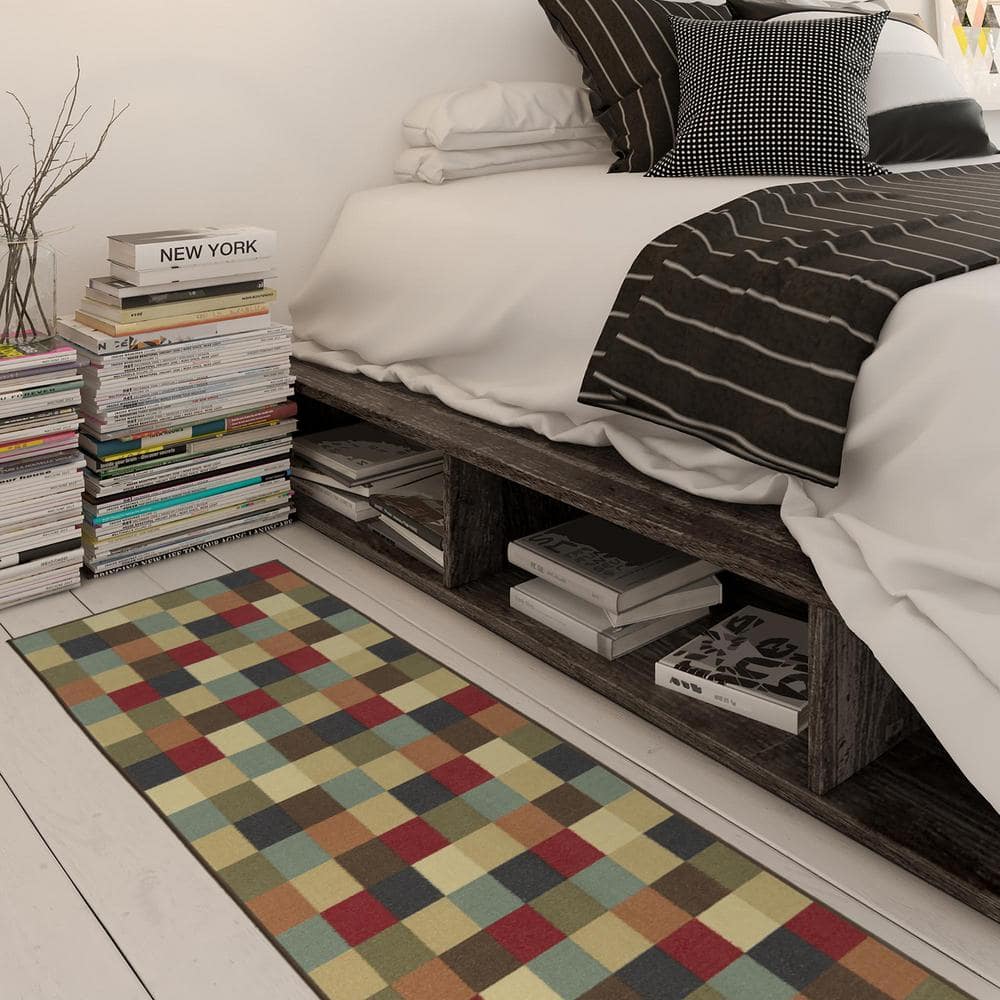 Multicolor Checkered Non-Slip Runner Rug with Rubber Backing